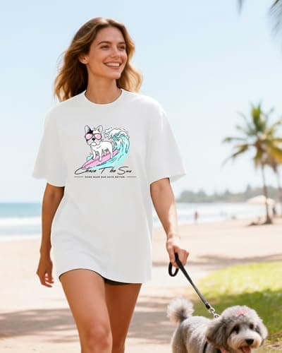 Aiyino Womens Funny Dog Graphic Tee Oversized Cute Dog Art Shirt for Pet Lovers Casual Cotton T-Shirt Gift Top Surf Dog White L - Thumbnail 2
