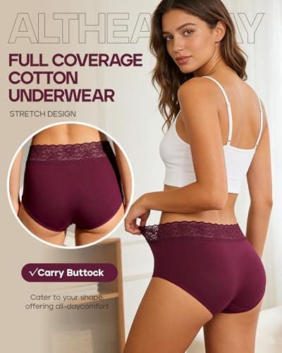 Altheanray Womens Underwear Cotton Panties for Women High Waisted Lace Ladies Briefs Hipster Breathable Soft Bikini Panty 5 Pack（AWB6007M-Multi Color5） - Thumbnail 3
