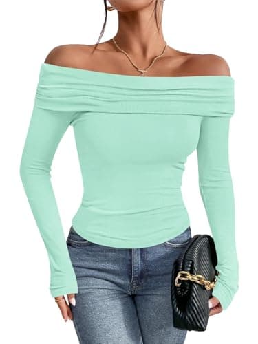 Imily Bela Women's Off The Shoulder Tops Long Sleeve Slim Fitted Y2K Sexy Going Out Nightout Blouse Shirts Mint - Image 1