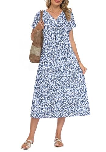 WNEEDU Women Summer Midi Dress Twist Front V Neck Short Sleeve Loose Casual Pockets,GY BU S Floral,L - Image 1