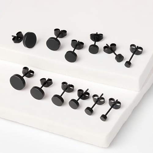 Hypoallergenic Black Stud Earrings for Men Women: 6 Pairs Flat Back Stainless Steel Cartilage Piercing Ear Tunnel 5mm-10mm (6 Pairs-Black-(3-8mm)) - Thumbnail 6