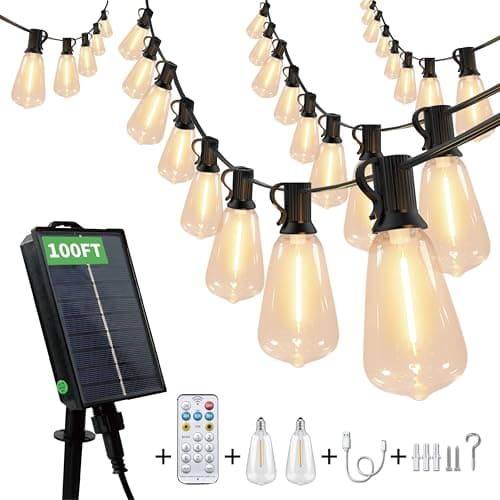 CRLIVOING Solar String Lights Outdoor Waterproof, 100FT Solar Powered Outdoor Lights with Remote, 52 Shatterproof with Edison Bulbs, LED String SolarLights for Garden, Backyard, Parties