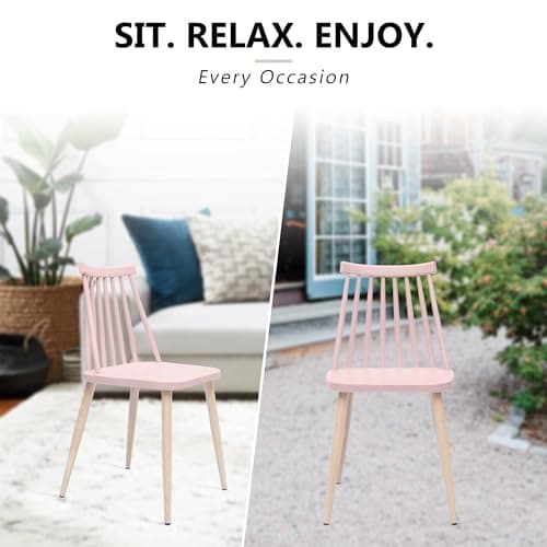 Xdeco Contemporary Windsor Design Plastic Dining Chair, Living Room Chair, Patio Chair, Armless Chair with Wood Texture, for Home, Office, Kitchen, Dining Room, Set of 4 (Pink) - Thumbnail 4