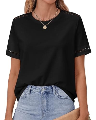 BTFBM Summer Tops for Women Lace Short Sleeve Shirt 2026 Spring Casual Loose Crew Neck Cotton Knit Cute Business Blouses(Black, X-Large) - Image 1