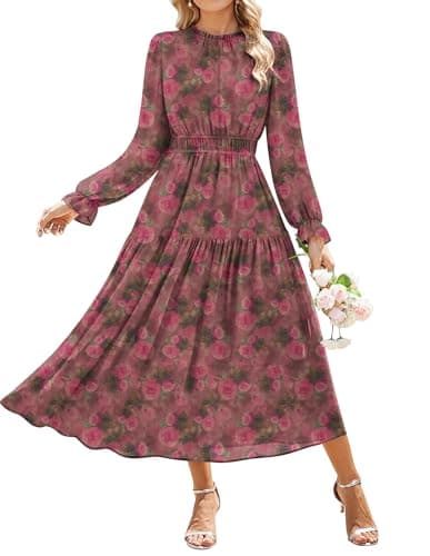 GRACE KARIN Women's Fall Wedding Guest Dresses 2026 Floral Long Sleeve Chiffon Maxi Dress Flowy Boho Dress with Pockets Vintage Rose Pink Floral L - Image 1