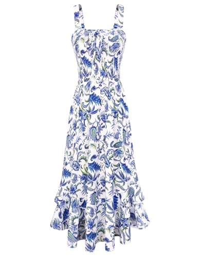 GRACE KARIN Women's 2026 Summer Floral Boho Dress Square Neck Strapped Swing A Line Sundress Beach Long Maxi Outfits Blue White Floral S - Image 1