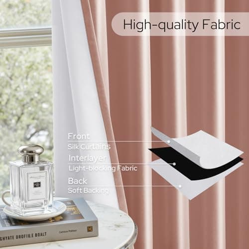 HOMEIDEAS 100% Blackout Faux Silk Blush Pink Curtains 52W x 84L 2 Panels - Thumbnail 5