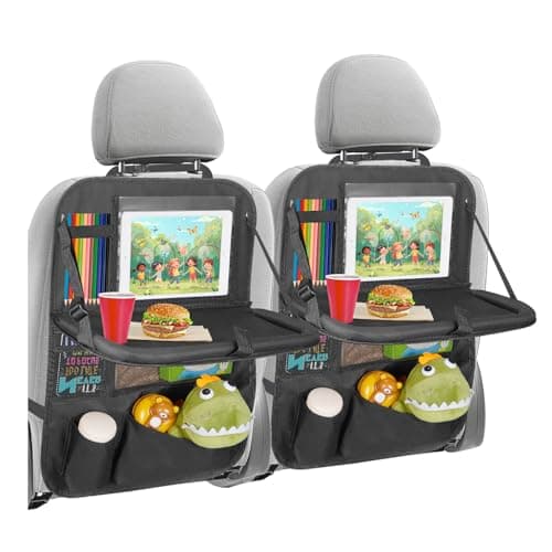 KOHUIJOO Back Seat Car Organizer with Tablet Holder-2 Pack,6 Storage Pockets Car Storage Organizer with Foldable Food Tray Seat Back Protectors Kids Kick Mats for Travel - Image 1