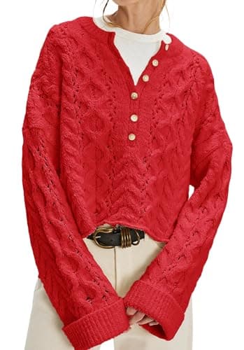 Jenkoon Women's Cable Knit Sweater Oversized Crop Knit Pullover Chunky Crew Neck Long Bell Sleeves Button Front Sweaters(Red,L) - Image 1