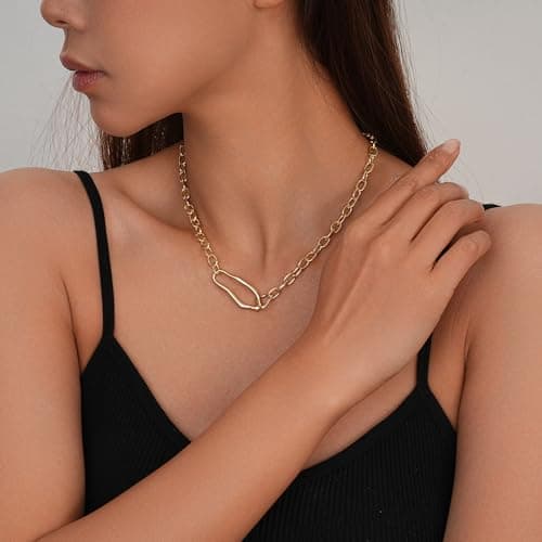 Sylph 18K Gold Plated Chunky Oval Pendant Necklaces, Simple Gold Link Flat Cable Chain Necklaces Paperclip Choker Statement Jewelry Gifts for Women - Thumbnail 5