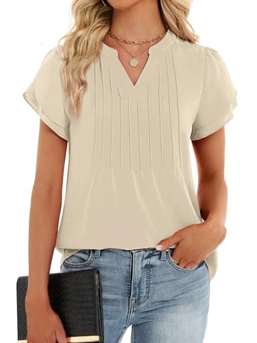 Funlingo Dressy Tops for Women Fashion 2026 Short Petal Sleeve Flowy Blouses Business Casual Office Shirt Loose Fitting Outfits Beige XL - Thumbnail 2