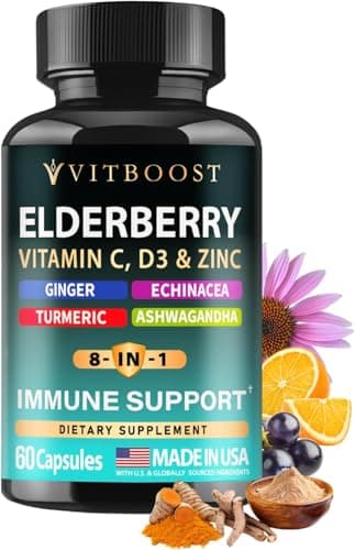 Elderberry Immune Support Supplement 8-in-1 Formula with Echinacea, Vitamin C & Zinc, Vitamin D 5000 IU, Turmeric, Ginger, Ashwagandha – 60 Capsules - Image 1