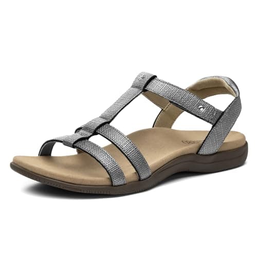 Rihero Arch Support Orthopedic Sandals for Women Comfortable Dressy Summer Orthotic Flat Sandals for Beach Walking Grey Emboss Size 10 - Image 1