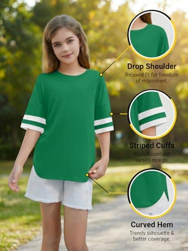 ZDC Girls Striped Short Sleeve T Shirts Kids Crewneck Loose Fit Tunic Tops Summer Tees Blouses 5-14 Years Green - Thumbnail 3