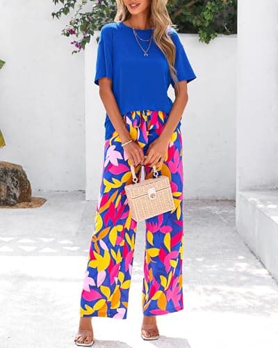 PRETTYGARDEN Women Summer 2 Piece Outfits 2026 Short Sleeve Knit Top Floral Print Belted Wide Leg Pant Sets With Pockets(Floral Blue Multicolored,XX-Large) - Thumbnail 6