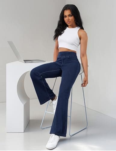 AVAMO Stretchy Flare Jeans for Women High Waisted Pull On Bell Bottom Jeans Trendy Elastic Tummy Control Denim Pants - Thumbnail 3