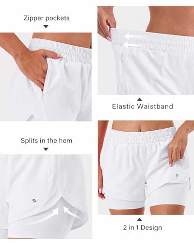 Stelle Women 2 in 1 Running Shorts High Waisted Athletic Shorts Gym Workout Shorts with Liner Zipper Pockets (White,XS) - Thumbnail 5