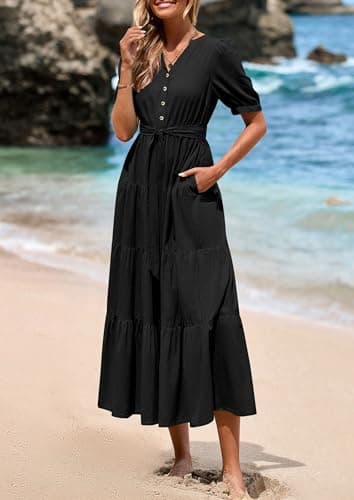PRETTYGARDEN Summer Dresses for Women 2026 Elegant Classy Short Sleeve V Neck Ruffle A Line Belted Long Beach Vacation Dress (Black,X-Large) - Thumbnail 4
