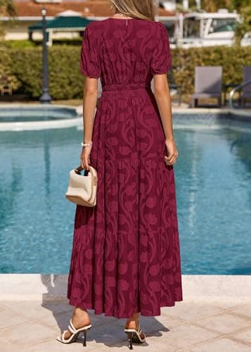 KIRUNDO Womens Boho Maxi Dress Summer Short Sleeve V Neck Floral Flowy A Line Formal Wedding Guest Baby Shower Long Dresses(Burgundy, Medium) - Thumbnail 5