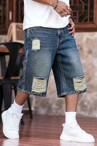 Heyfanee Mens Baggy Jean Shorts Ripped Long Jorts Men Y2k Vintage Denim Shorts for Men Loose Fit Washed Blue 28 - Thumbnail 2
