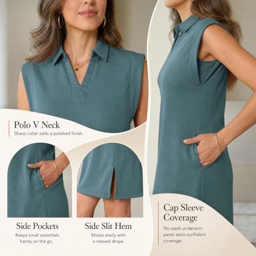 BEXIBOOM Polo Dresses for Women Casual Shirt Dress, V Neck Collared Cap Sleeve Summer Dress with Pockets, Loose Fit Knee Length Work DressBlue Gray-3XL - Thumbnail 5
