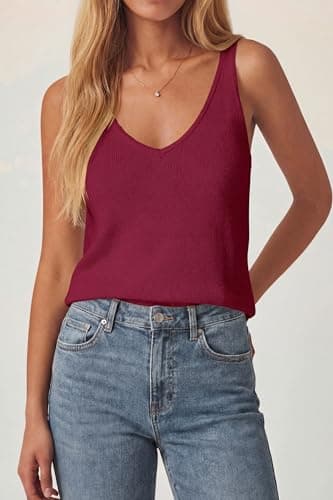 PRETTYGARDEN Women Summer Tank Tops 2026 Basic Sleeveless V Neck Lightweight Knit Beach Vacation Clothes Going Out Top(Burgundy,XX-Large) - Thumbnail 2