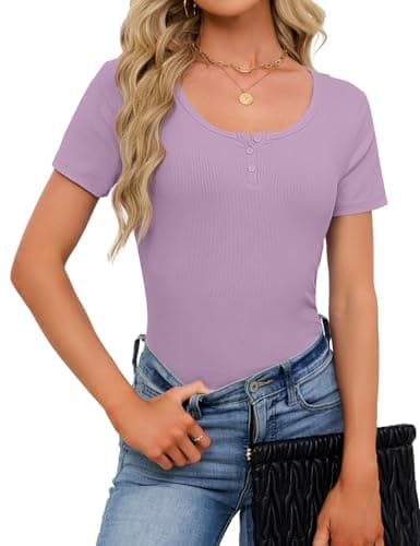 Womens Short Sleeve Tops Stretchy Henley Scoop Neck Fitted Casual Basic Top T-Shirts Ribbed Button Blouses 2026 Summer Trendy Purple S - Thumbnail 3