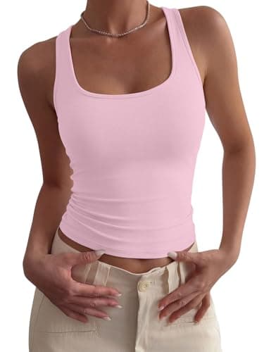 PINKMSTYLE Double Lined Scoop Neck Tank Top for Women Basic Sleeveless Summer Tops Slim Fit Workout Going Out Outfits Light Pink XX-Large - Image 1