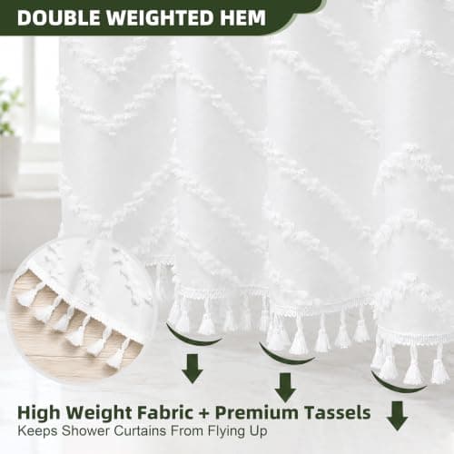 Siiluminisoy White Shower Curtain Fabric Boho Shower Curtain Cloth Textured Tufted Chevron Elegant Shower Curtains Waterproof for Bathroom 72" x 72" - Thumbnail 4