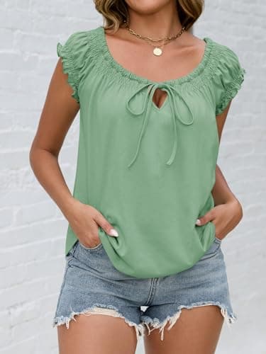 Beloyoni Womens Babydoll Tops Summer Tie Front Cap Sleeve Tank Top Dressy Casual Loose Fit Peplum Blouses Cute Flowy Shirts Light Green M - Thumbnail 6