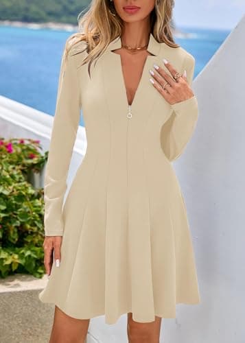 Lazysmile Fall Dresses for Women 2025 Long Sleeve V Neck Half Zip A Line Swing Casual Party Club Mini Short Dress Apricot - Thumbnail 5