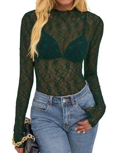 BTFBM Womens Tops Mesh Lace Long Sleeve Tops for Women 2026 Spring Fall Sexy Sheer See Through Tight Party Club Outfits(Dark Green, X-Large) - Image 1