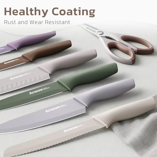 Astercook Knife Set, 13 Pieces Kitchen Knives Set with Healthy Anti-Rust Coating, Dishwasher Safe, Stainless Steel Chef Knife Sets with 6 Blade Guards, Perfect Holiday Gifts for Kitchen Morandi - Thumbnail 2