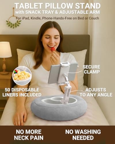 Tablet & Kindle Pillow Stand for Bed, Adjustable iPad Holder for Couch and Lap with 2 Snack Bowls, Cup Holder, 50 Disposable Liners and Washable Cover, Grey - Thumbnail 2