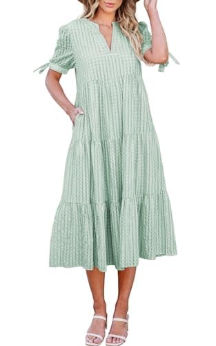 ECOWISH Women Summer Casual Dress - V Neck Short Sleeve Gingham Midi Pleated Tiered Loose Fit Holiday Picnic Dresses Green Small - Image 1