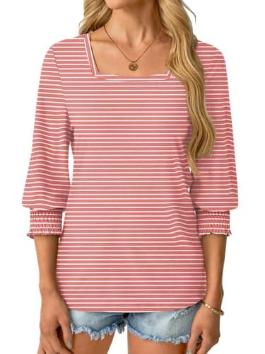 GKBK Womens 3/4 Sleeve Shirts Square Neck Dressy Casual Blouses Spring Summer Smocked Cuffs Tops - Thumbnail 2