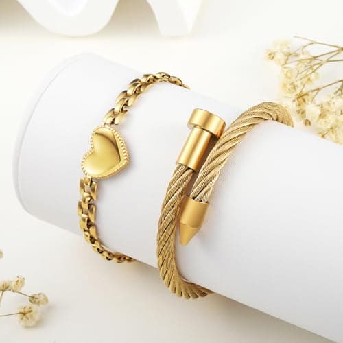 LCTrusttmor Gahna Heart Bracelets for Women, Stackable 18K Gold Plated Heart Charm with Adjustable Link Chain Set Trendy Jewelry Gifts - Thumbnail 6