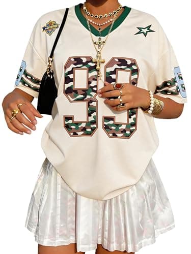 Bellcoco Jersey Shirts for Women Y2k Number Graphic Tees Oversized Half Sleeve V Neck T Shirt Tops Football Streetwear Beige Graphic XS - Image 1