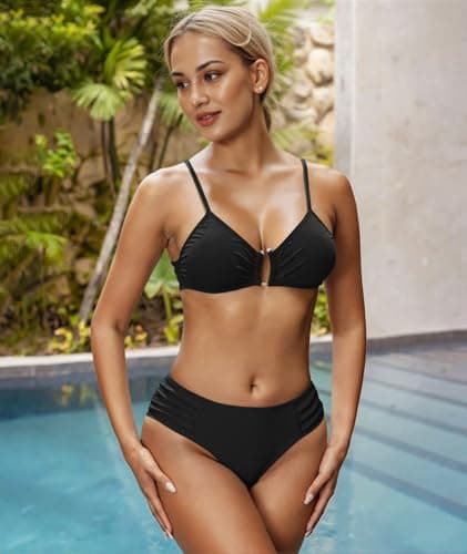 Figninget Women High Waisted Bikini Sets U-Wire Cutout Popular Swimsuit High Waisted Two Piece Swimsuit 2026 Summer Beach Swim Bathing Suits Black S - Thumbnail 2