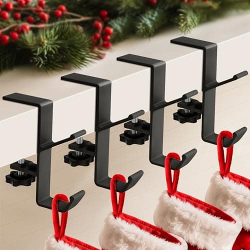 ANOEPUY 4 Pack Stocking Holders for Mantle for Christmas Decorations,2 in 1 Mantle Garland Holder for Hanging Christmas Stockings,No Drilling Required & Adjustable Garland Hanger, Metal(Black) - Image 1