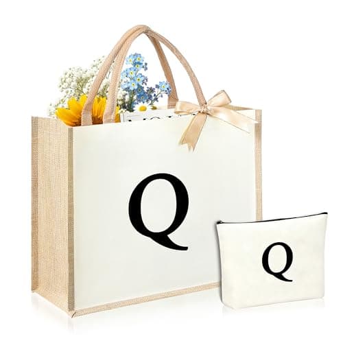 DCLOVERY Initial Canvas Tote Bag & Makeup Bag for Women Teacher Bridesmaids，Personalized Present for Wedding, Birthday, Beach (Q, White) - Image 1