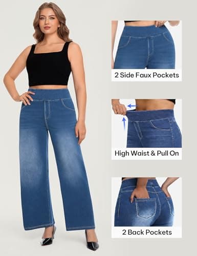 AVAMO Plus Size Jeans for Women Stretchy Wide Leg Pull On Sweatpant Jeans for Curvy Women High Waisted Baggy Denim Pants - Thumbnail 4