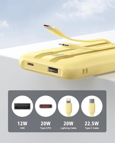 Qecvec Portable Charger 10000mAh, Cell Phone Portable Power Banks with 22.5W PD Fast Charging, Compact Phone Charger Built in Cable, Compatible with Apple, Samsung, Google, Motorola and More-Yellow - Thumbnail 3