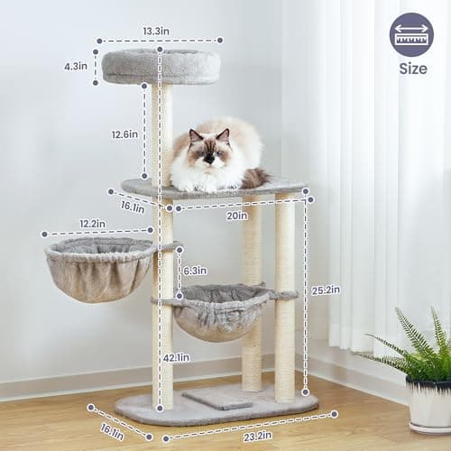 Small Cat Tree Tower with Lots of Scratching Posts - 42 Inch Medium Compact Cats Scratch House with Hammock Perch for Multi Level 2 Kitty - Indoor Corner Cat Bed Condo Climbing Gym Towers Furniture - Thumbnail 5
