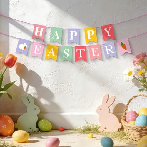 Oeyliz Easter Banners Happy Easter Garland Decorations Happy Easter Sign for Home Easter Party Decorations for Indoor Outdoor Spring Farmhouse Office Mantle Wall Decor - Thumbnail 2