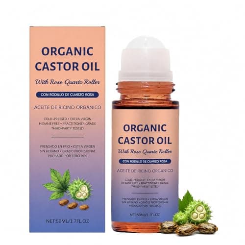 GGPR Organic Castor Oil Rose Quartz Roller Ball, Castor Oil Organic Cold Pressed, Organic Castor Oil Roll On for Face, Body and Hair, Radiant Skin, Relaxation, Deeply Hydrates 1.7oz