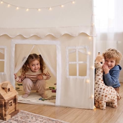 Tiny Land Play Tent with Padded Mat & LED Lights, Kids Tent, Playhouse for Kids, Indoor Bed Tent for Toddler, Toys for 3,4,5,6-Year-Old Girls, Neutral Color Play Room Furniture - Thumbnail 4