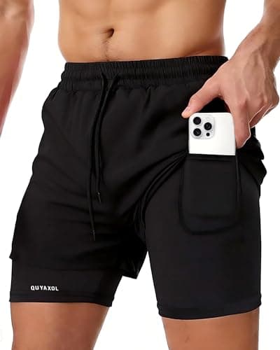 Men's 2-in-1 Running Shorts with Inner Liner, Breathable Quick-Dry Workout Shorts with Pockets Gym Shark for Men- Black, Size M - Image 1