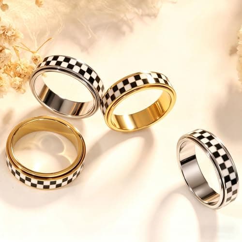 Checkered Fidget Ring for Anxiety Relief, Discreet Silent Spinning Jewelry, Black & White Pattern Durable Stainless Steel Sliver Plated Thumb Spinner Jewelry for Work Office Adults Women Men Size 5-11 - Thumbnail 3