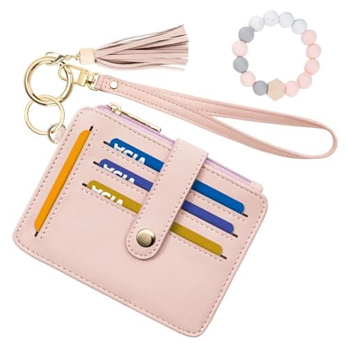 Airkit Wristlet Wallets for Women, Keychain RFID Blocking Credit Card Holder, Small Girly Wallet with Bracelet, Silicone Beaded Tassel Key Ring Card Holder, Pink - Image 1